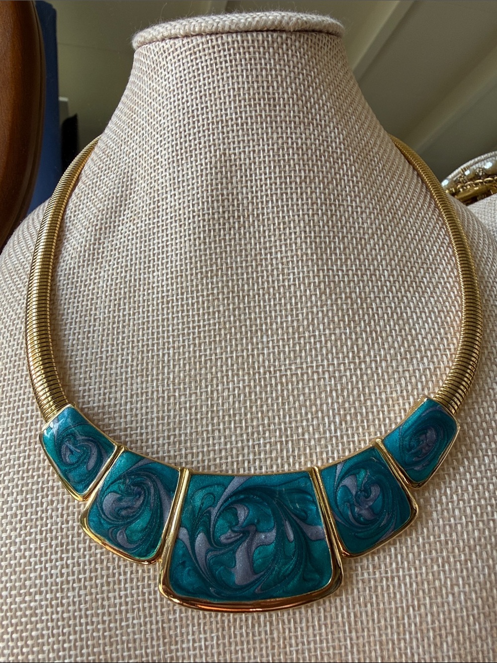 Gold-Tone Necklace with Teal Swirl Enamel Panels & fold over clasp - 16”